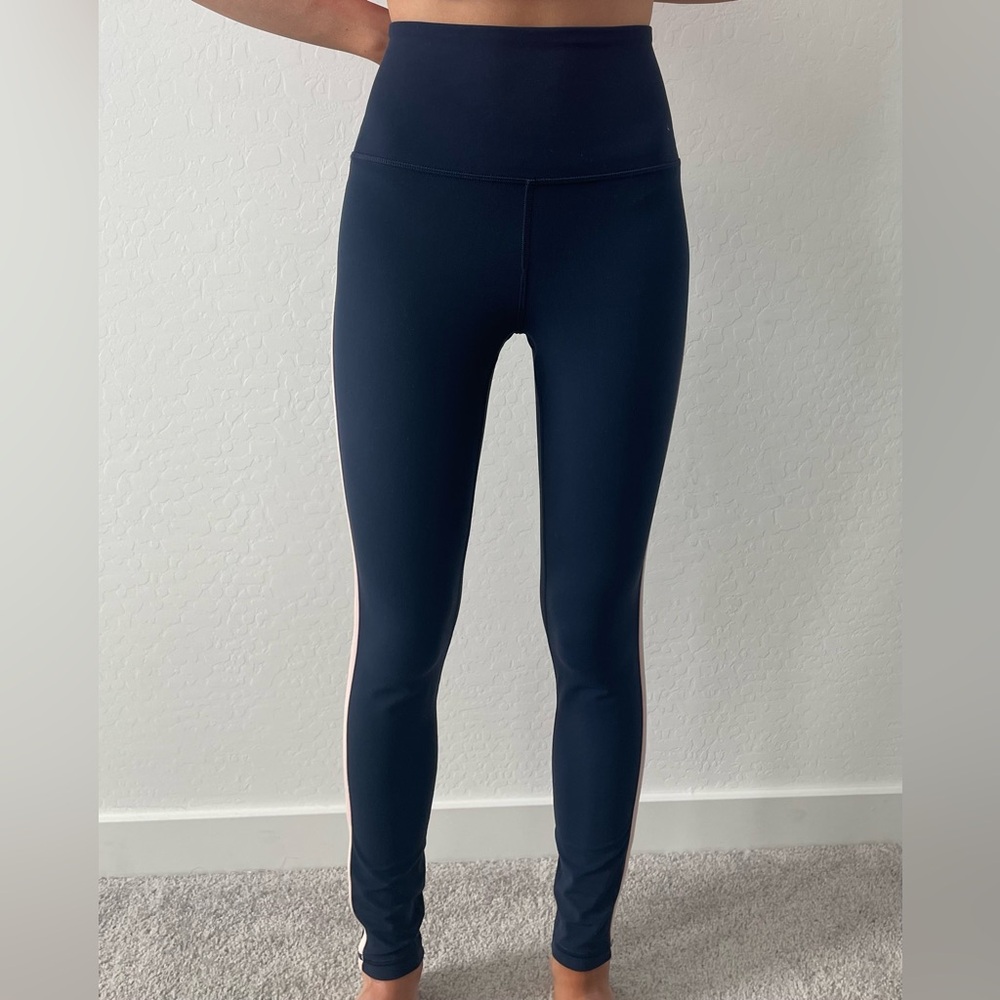 Athleta Navy Leggings with Pink Stripe